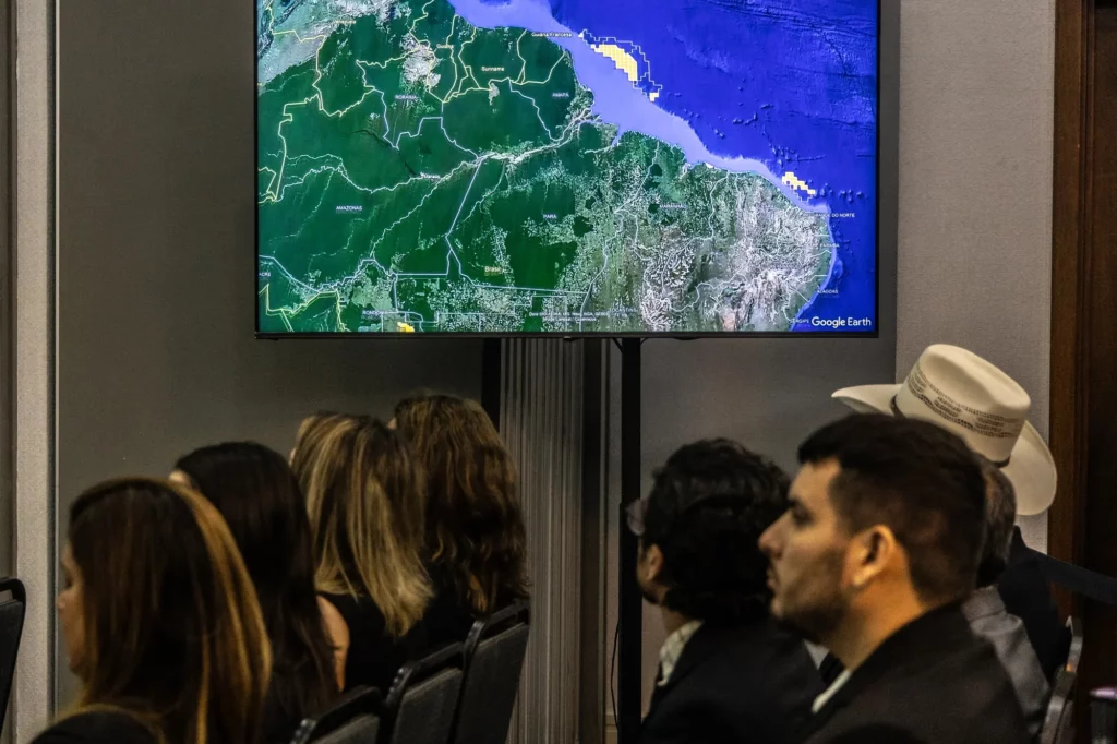 a map of the equatorial margin exploration areas projected during a public session of the anp oil concession offer