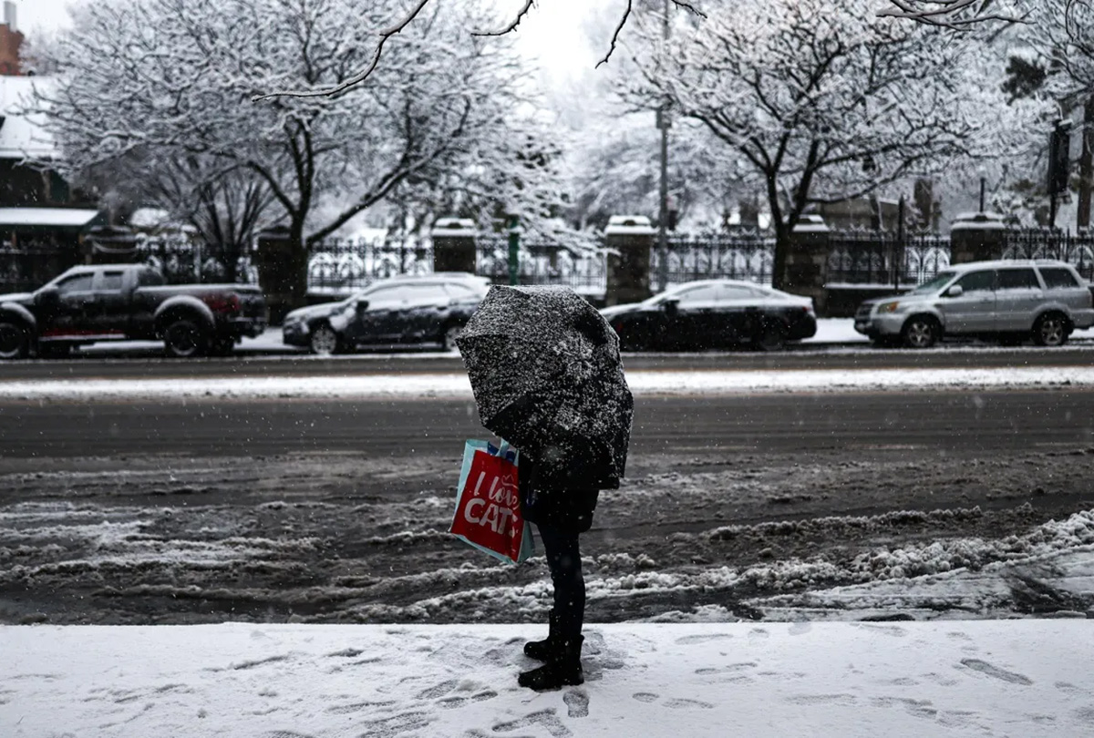 a woman stands in a street as the snow falls in the manhattan borough of new york on dec. 14