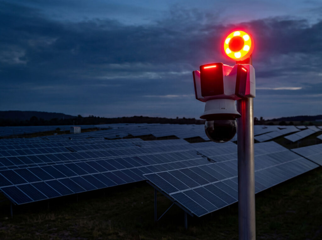 axis camera overlooking solar field with red led alert