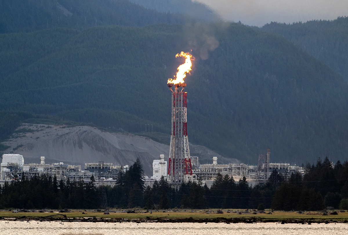 flare stack at the lng canada facility in kitimat, british columbia, bc 1200x810