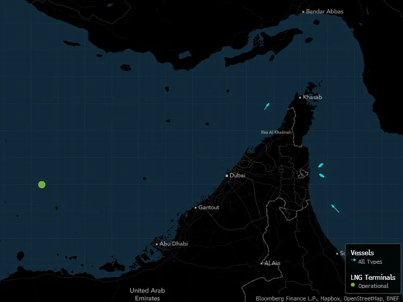 lng tankers are linked to adnoc and haven’t sent a signal for at least five days. the green dot is adnoc’s das island lng export plant.