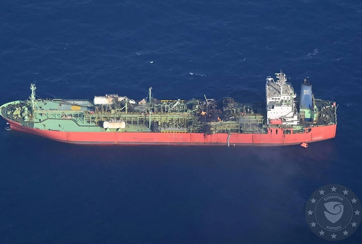 lpg tanker mv falcon on fire and adrift in the gulf of aden
