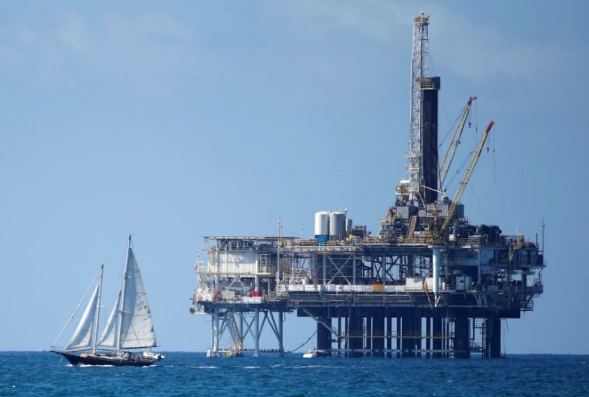 An offshore oil platform is seen in Huntington Beach, California