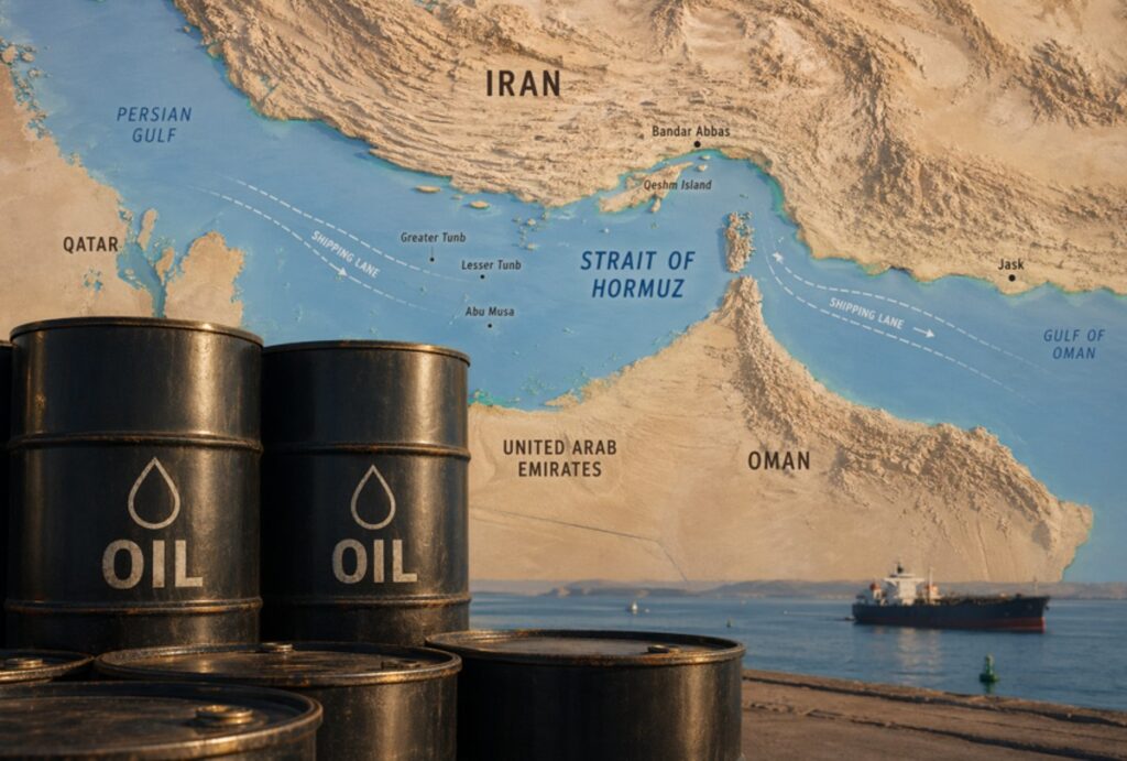 strait of hormuz with oil barrels 1200x810