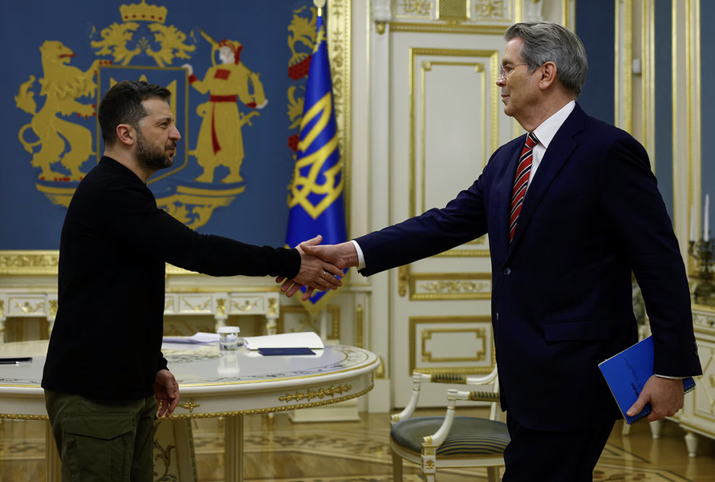 ukraine's president volodymyr zelenskiy and u.s. secretary of the treasury scott bessent shake hands in kyiv 1200x810